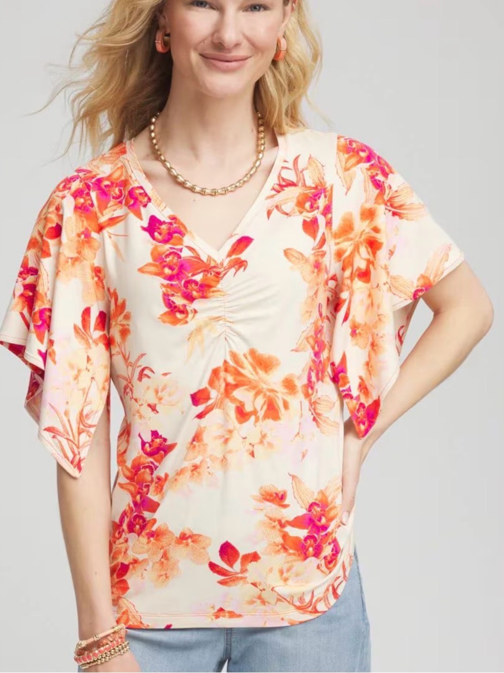Chico's Touch of Cool Handkerchief-Sleeve V-Neck Tee - Sunset Peach Chico’s Sz 3